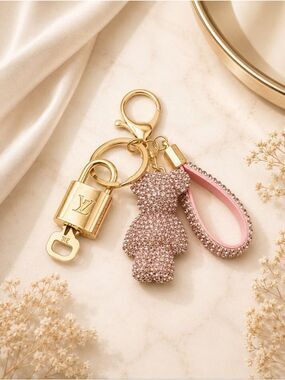 Authentic Louis Vuitton Gold Lock 🔐 with unbranded Pink Teddy Bear Bagcharm
